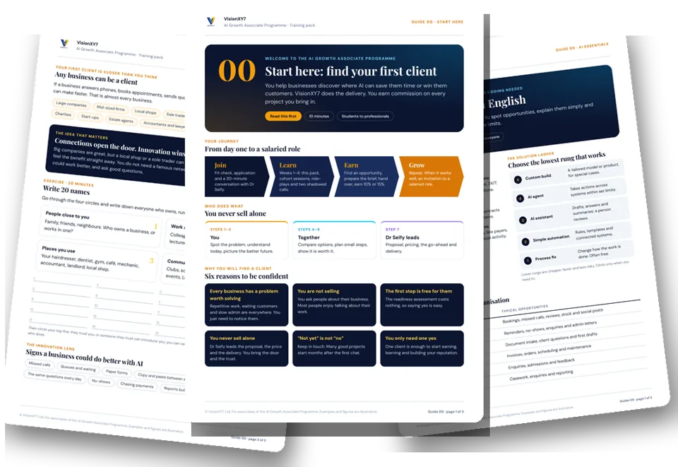 Pages from Guide 00, Start here: find your first client, and Guide 09, AI in plain English